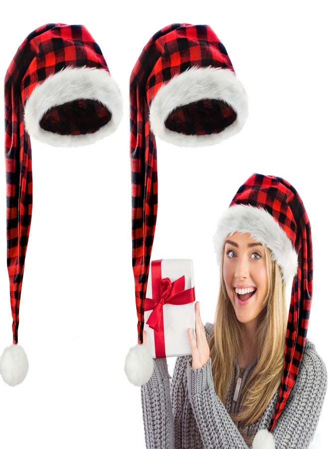 algpty 2 Pack Long Santa Hat for Adult | Red Buffalo Plaid Christmas Santa Hats Unisex Thicken Velvet Long Xmax Holiday Hats for Party Supplies Fluffy Plush Santa Claus Hats for Women Men - Image 1