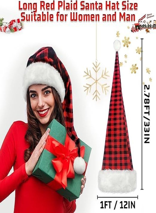 algpty 2 Pack Long Santa Hat for Adult | Red Buffalo Plaid Christmas Santa Hats Unisex Thicken Velvet Long Xmax Holiday Hats for Party Supplies Fluffy Plush Santa Claus Hats for Women Men - Image 3