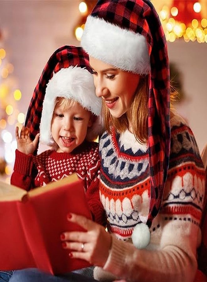 algpty 2 Pack Long Santa Hat for Adult | Red Buffalo Plaid Christmas Santa Hats Unisex Thicken Velvet Long Xmax Holiday Hats for Party Supplies Fluffy Plush Santa Claus Hats for Women Men - Image 4