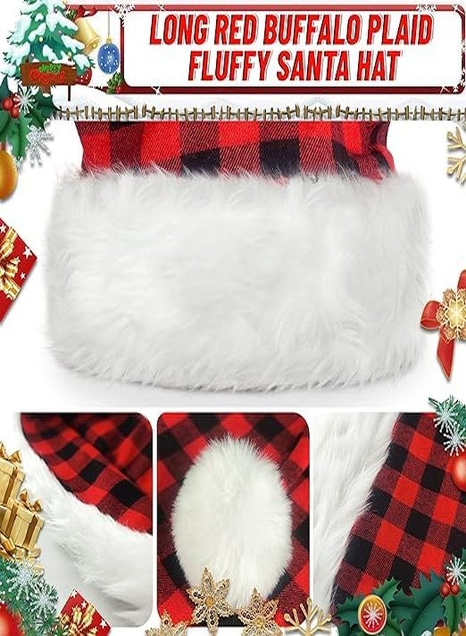 algpty 2 Pack Long Santa Hat for Adult | Red Buffalo Plaid Christmas Santa Hats Unisex Thicken Velvet Long Xmax Holiday Hats for Party Supplies Fluffy Plush Santa Claus Hats for Women Men - Image 2
