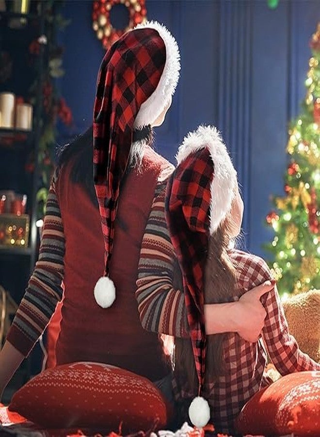 algpty 2 Pack Long Santa Hat for Adult | Red Buffalo Plaid Christmas Santa Hats Unisex Thicken Velvet Long Xmax Holiday Hats for Party Supplies Fluffy Plush Santa Claus Hats for Women Men - Image 5
