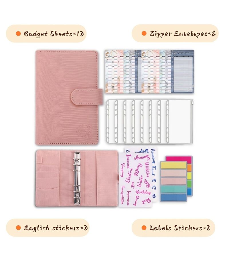 Pink Faux Leather 6 Ring A6 Binder With Zipper Pockets And Budget Sheets - Image 2