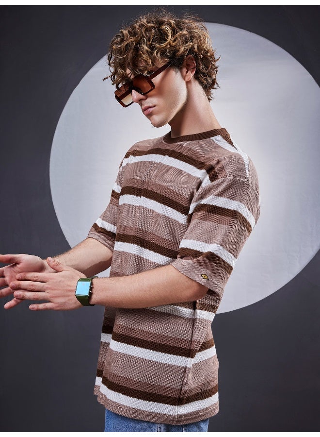 Maniac Maniiac Men Stripe Round Neck Half Sleeve Brown and White Cotton T-Shirt  - Image 3