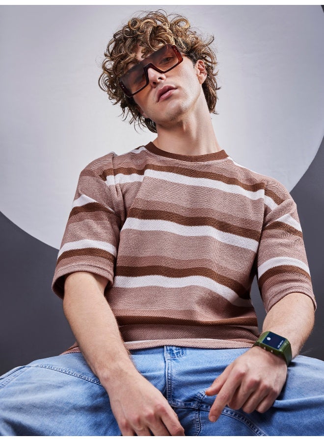 Maniac Maniiac Men Stripe Round Neck Half Sleeve Brown and White Cotton T-Shirt  - Image 4