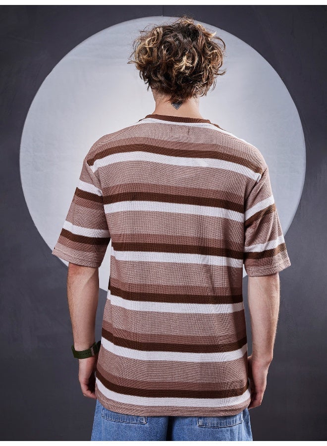 Maniac Maniiac Men Stripe Round Neck Half Sleeve Brown and White Cotton T-Shirt  - Image 5