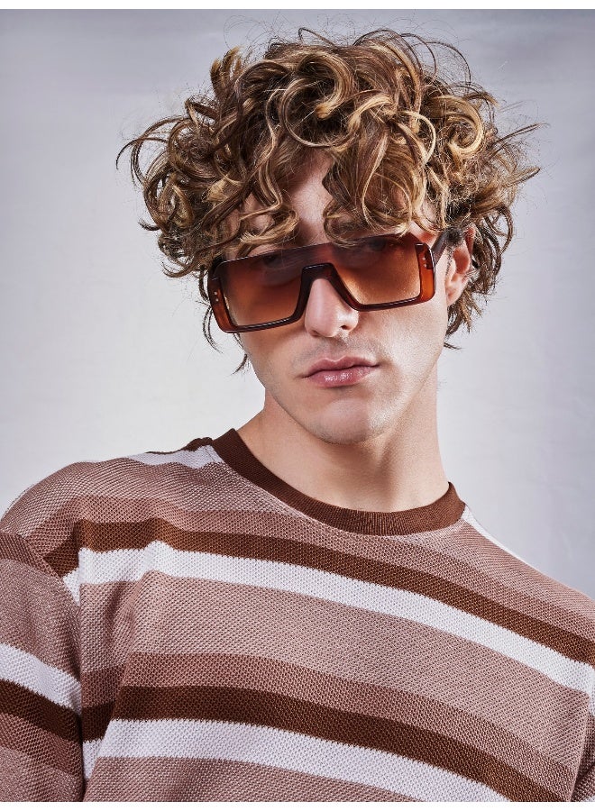 Maniac Maniiac Men Stripe Round Neck Half Sleeve Brown and White Cotton T-Shirt  - Image 2
