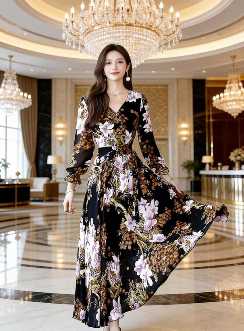 Women's Long Sleeve Deep V Neck Floral Maxi Dress - Image 2