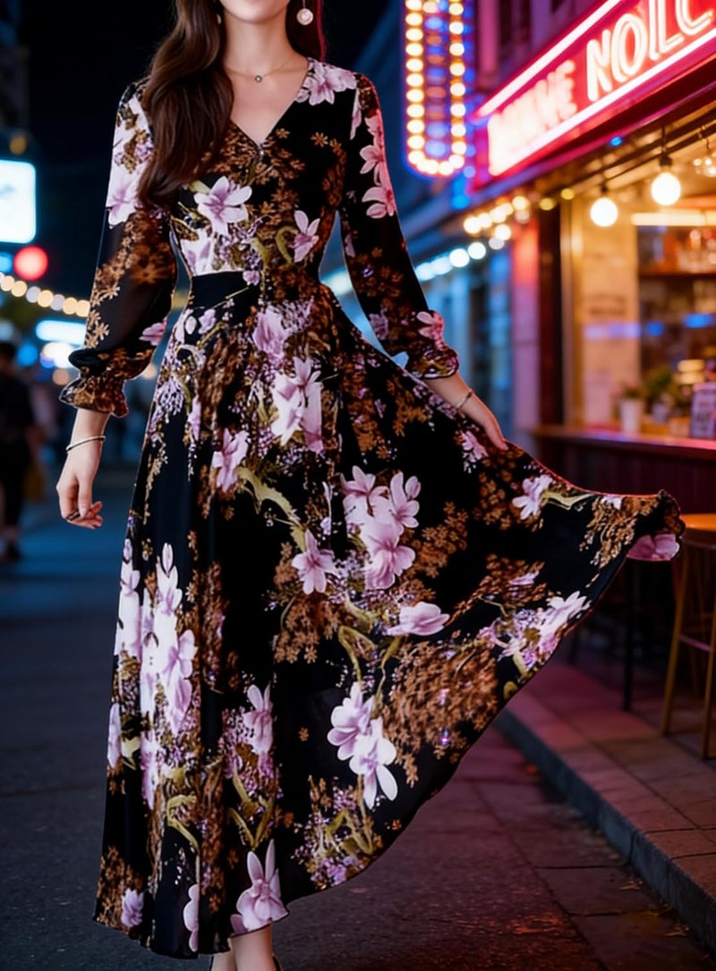 Women's Long Sleeve Deep V Neck Floral Maxi Dress - Image 3