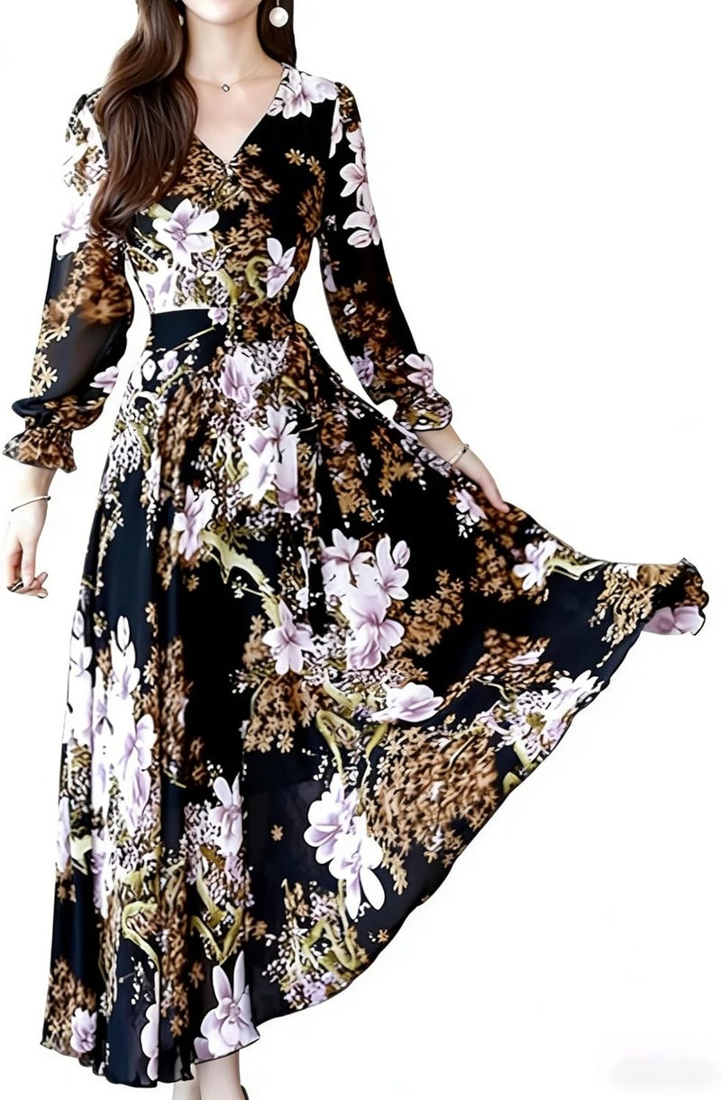 Women's Long Sleeve Deep V Neck Floral Maxi Dress - Image 1