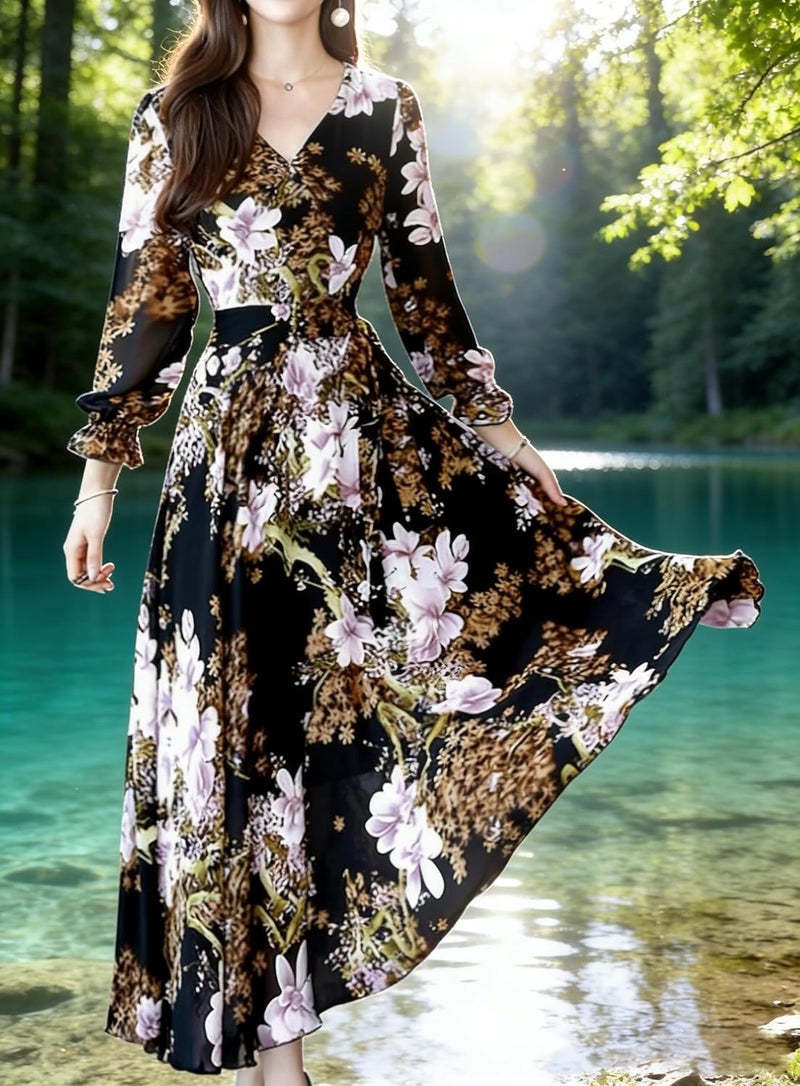Women's Long Sleeve Deep V Neck Floral Maxi Dress - Image 5
