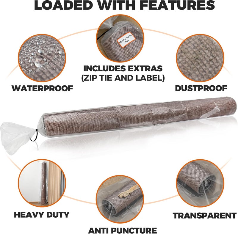 Storage Standard حقيبة تخزين ثقيلة من - غطاء شحن قابل لإعادة الاستخدام، بلاستيك مقاوم للماء - تناسب السجاد الملفوف حتى 6 × 9 قدم، سمك 4 مل مقاوم للتمزق - حقيبة شفافة واحدة، 92 × 20 بوصة - Image 3