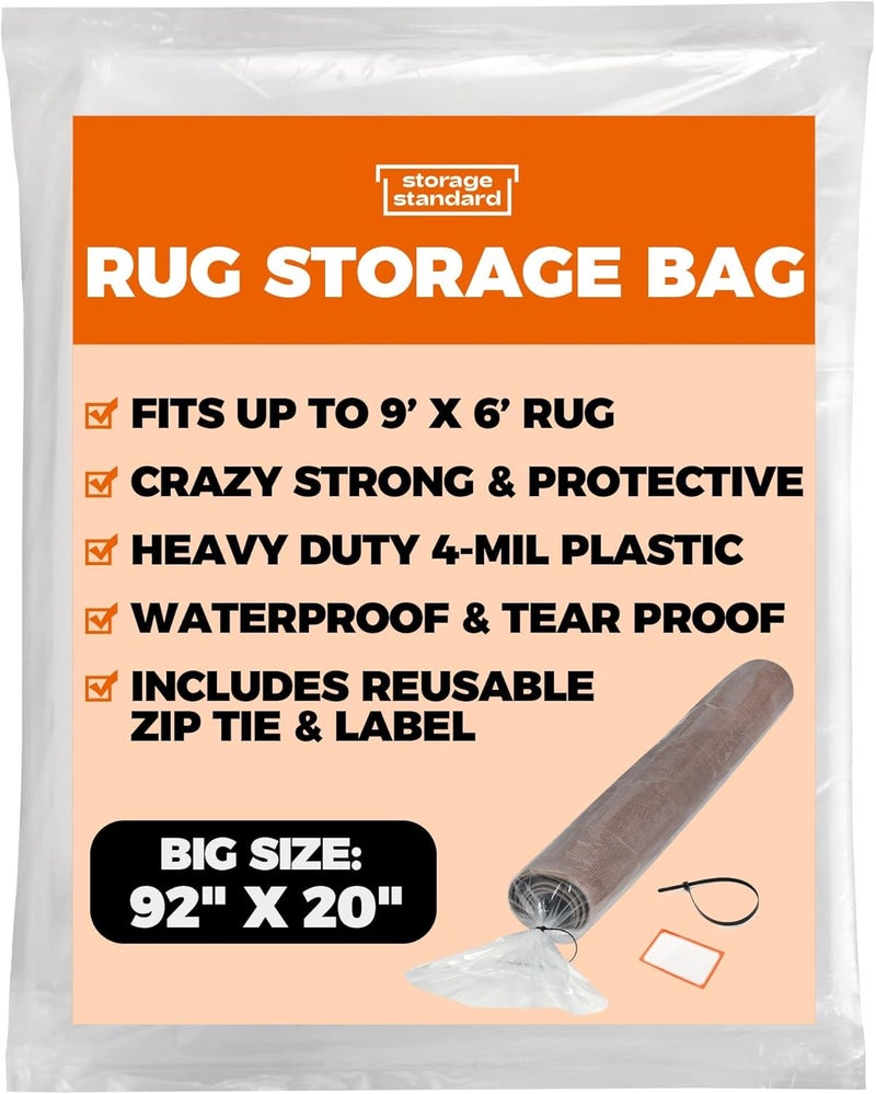 Storage Standard حقيبة تخزين ثقيلة من - غطاء شحن قابل لإعادة الاستخدام، بلاستيك مقاوم للماء - تناسب السجاد الملفوف حتى 6 × 9 قدم، سمك 4 مل مقاوم للتمزق - حقيبة شفافة واحدة، 92 × 20 بوصة - Image 1