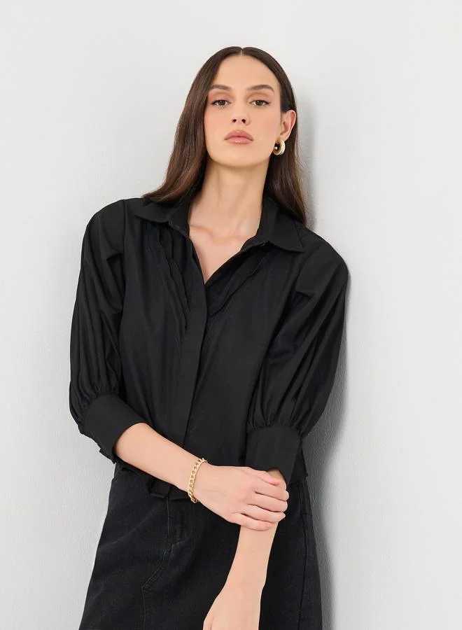 Styli Styli Women Black Collared Shirt with Pintuck Detail