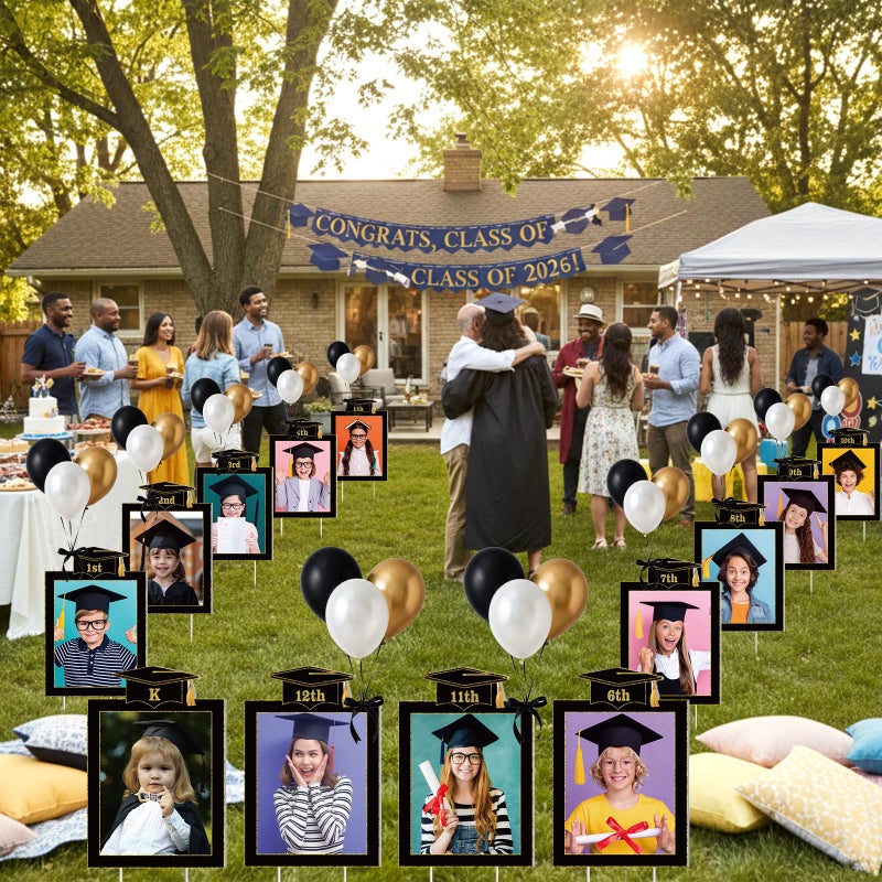 LemonSecret 13 Pcs 2026 Graduation Decorations K-12 Graduate Photo Yard Signs with Stakes for Kindergarten High School Middle School Class of 2026 Photo Lawn Sign Grad Party Supplies(Solid Border) - Image 2