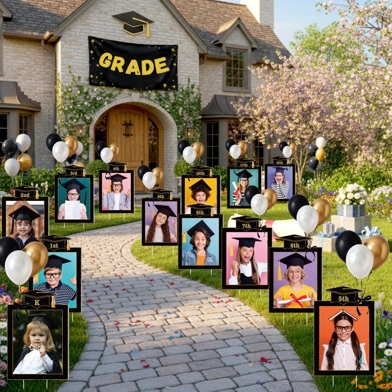 LemonSecret 13 Pcs 2026 Graduation Decorations K-12 Graduate Photo Yard Signs with Stakes for Kindergarten High School Middle School Class of 2026 Photo Lawn Sign Grad Party Supplies(Solid Border) - Image 1