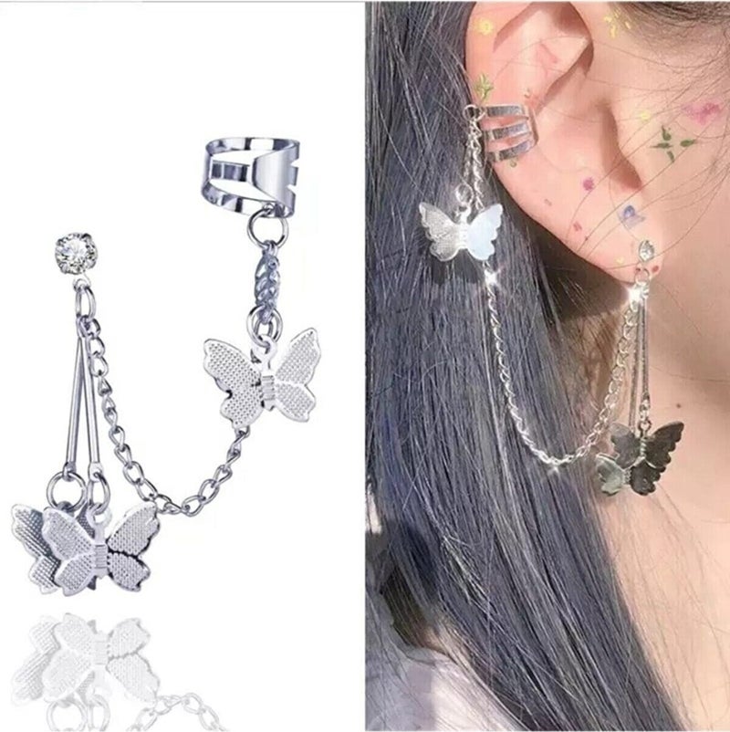 Acousticworld Retro Vintage Butterfly Chain Double Earring Steel Accessory  - Image 2