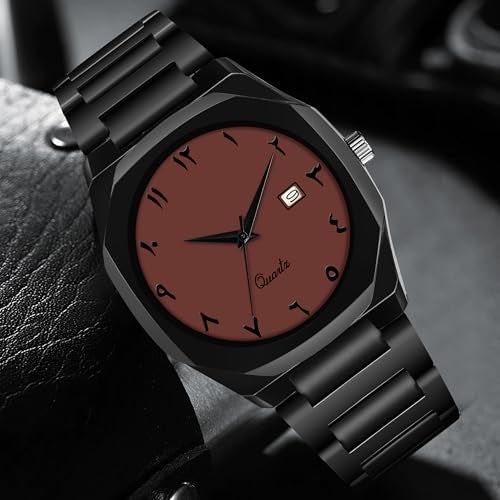 CERO Modern Arabic Numeral Watch Black Stainless Steel Band, Octagonal Case, Analogue Date Display for Man (Brown) - Image 2