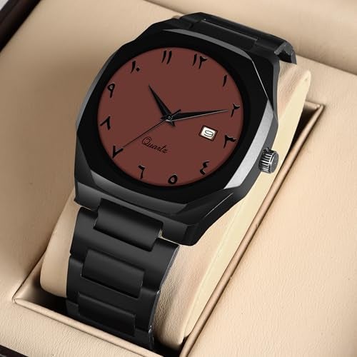 CERO Modern Arabic Numeral Watch Black Stainless Steel Band, Octagonal Case, Analogue Date Display for Man (Brown) - Image 3