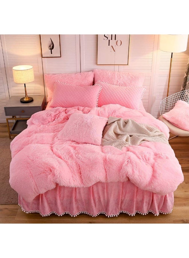 LIFEREVO Luxury Plush Shaggy Duvet Cover Set Soft Velvet Fluffy Furry Duvet Cover Set1 Faux Fur Fuzzy Comforter Cover  1 Pompoms Pillow Sham Solid Bedding Set Zipper ClosureTwinTwin XLPink - Image 5