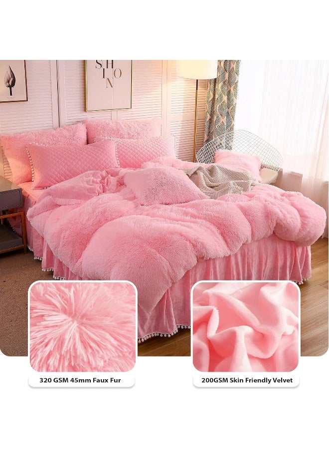 LIFEREVO Luxury Plush Shaggy Duvet Cover Set Soft Velvet Fluffy Furry Duvet Cover Set1 Faux Fur Fuzzy Comforter Cover  1 Pompoms Pillow Sham Solid Bedding Set Zipper ClosureTwinTwin XLPink - Image 3