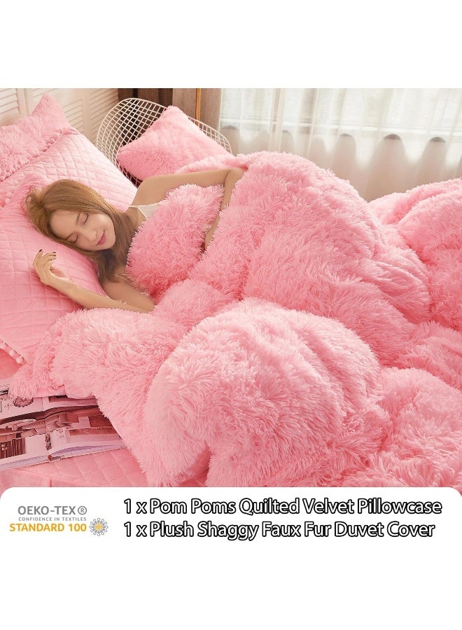 LIFEREVO Luxury Plush Shaggy Duvet Cover Set Soft Velvet Fluffy Furry Duvet Cover Set1 Faux Fur Fuzzy Comforter Cover  1 Pompoms Pillow Sham Solid Bedding Set Zipper ClosureTwinTwin XLPink - Image 4