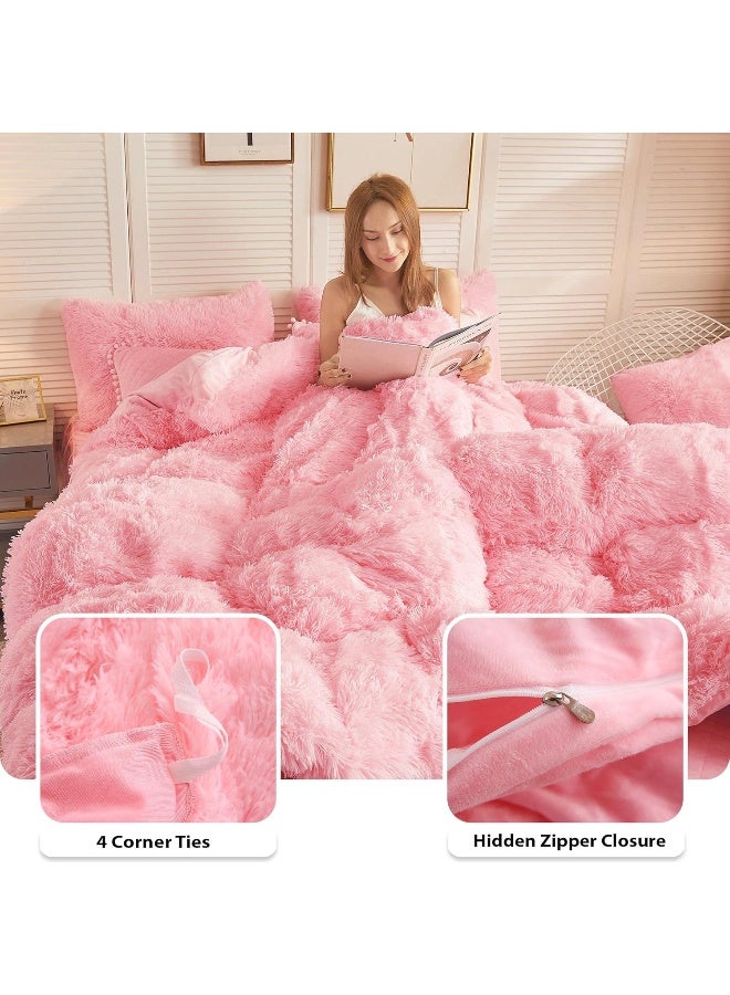 LIFEREVO Luxury Plush Shaggy Duvet Cover Set Soft Velvet Fluffy Furry Duvet Cover Set1 Faux Fur Fuzzy Comforter Cover  1 Pompoms Pillow Sham Solid Bedding Set Zipper ClosureTwinTwin XLPink - Image 2