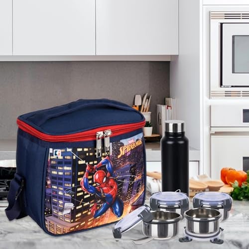 Kuber Industries Marvel Spider-Man Waterproof Lunch Bag | Rexine Tiffin Cover for School, Office, Kids, Camping | Navy Blue With Handle - Image 5