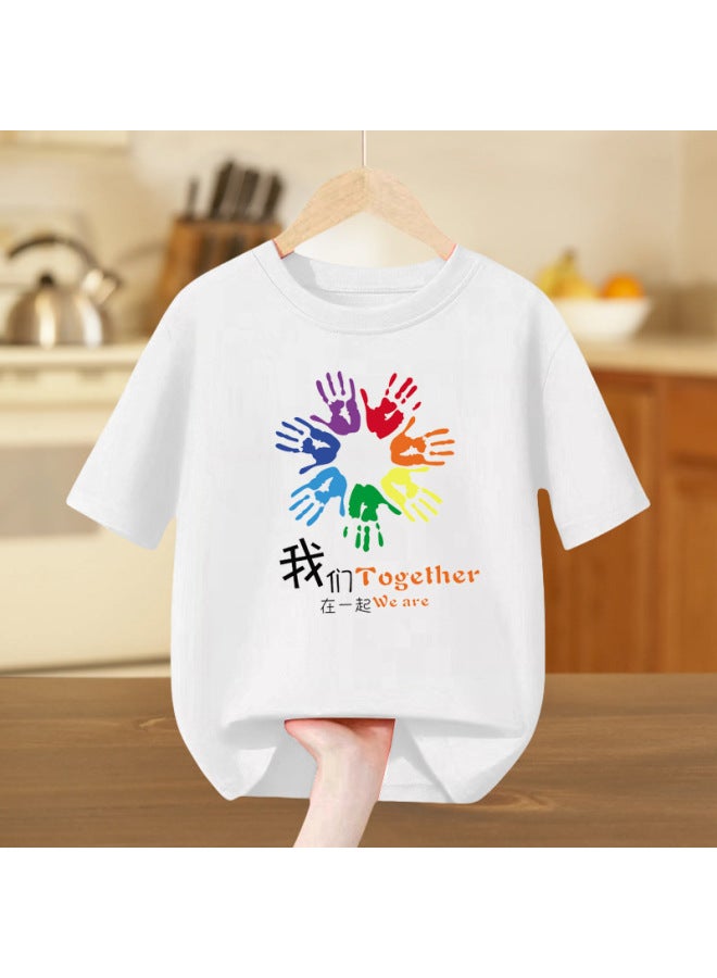 Kindergarten Parent-child Activity Class Uniform  Summer Short-sleeved Pure Cotton White T-shirt Rainbow Smiley Face June 1st Performance Outfit