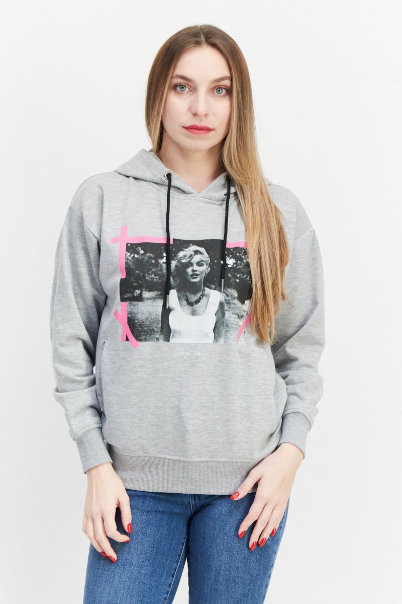 Marilyn Monroe Women Hooded Printed Long Sleeve Sweatshirts, Grey - Image 1