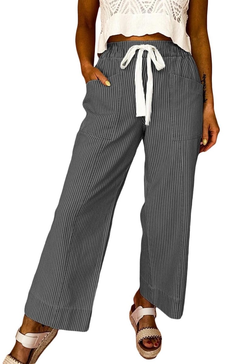 Acelitt Women Casual Fashion 2026 Summer Striped Pants Elastic Waist High Waist Wide Leg Linen Pants Trousers Gray Medium - Image 1