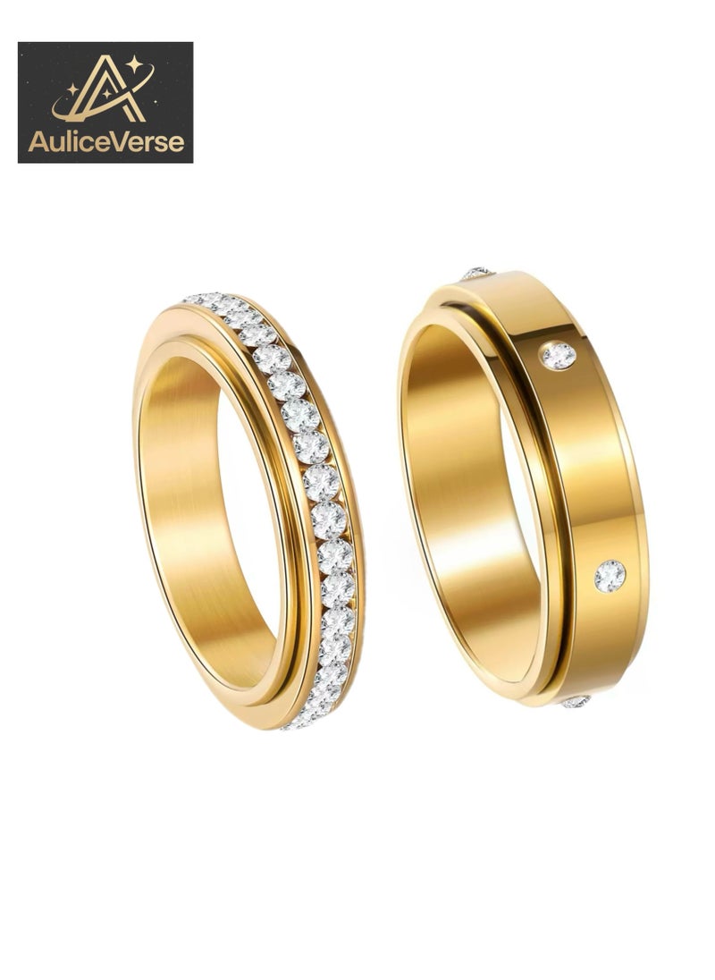 Stackable 2 - Piece Rotating Stress - Relieving Titanium Steel Gold - Plated Ring Set for woman girls