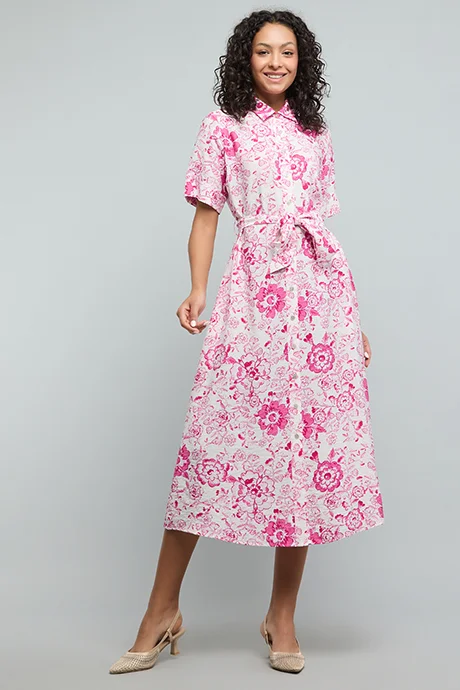 أر أند بي Floral Print Shirt Dress with Short Sleeves