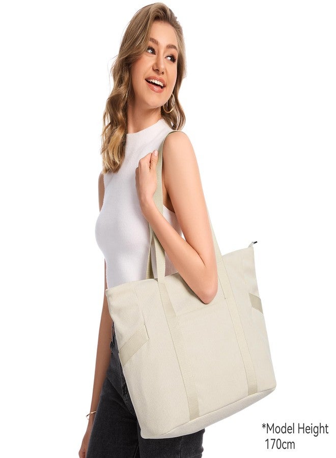 DIXEIGHT Large Tote Bag for Women Work Travel Everyday Shoulder Purse with Zipper, Corduroy Hobo Handbag for School Nurse, L-beige-fits 15.6" Laptop, Large - Image 2