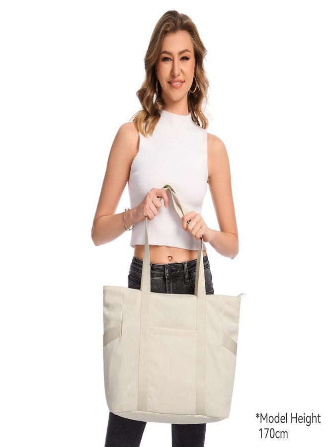 DIXEIGHT Large Tote Bag for Women Work Travel Everyday Shoulder Purse with Zipper, Corduroy Hobo Handbag for School Nurse, L-beige-fits 15.6" Laptop, Large - Image 3