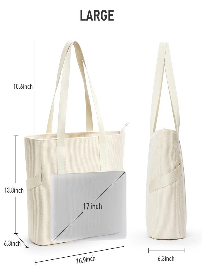 DIXEIGHT Large Tote Bag for Women Work Travel Everyday Shoulder Purse with Zipper, Corduroy Hobo Handbag for School Nurse, L-beige-fits 15.6" Laptop, Large - Image 4