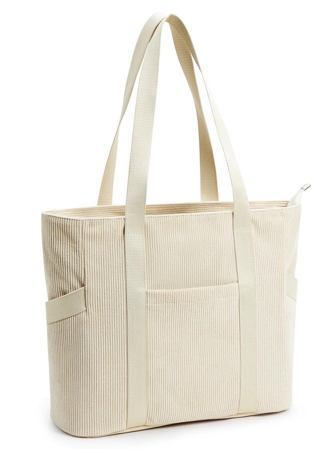 DIXEIGHT Large Tote Bag for Women Work Travel Everyday Shoulder Purse with Zipper, Corduroy Hobo Handbag for School Nurse, L-beige-fits 15.6" Laptop, Large - Image 1