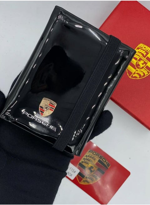 Porsche Patent Leather Trifold Wallet with Elastic Strap - Black