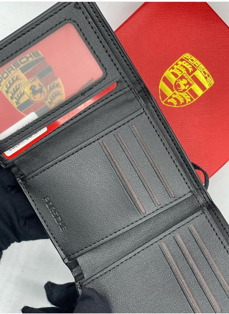 Porsche Patent Leather Trifold Wallet with Elastic Strap - Black