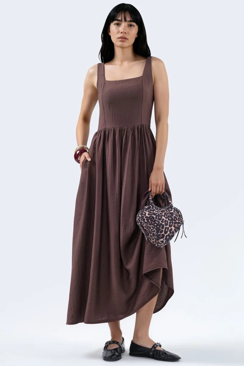 BUSEM Solid Midi Dress with Square Collar