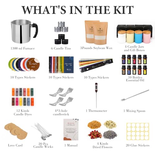 SAEUYVB Candle Making Kit - DIY Starter Soy Candle Making Supplies/Kit - Soy Wax, 10 Jars & Tins, 10 Pleasant Scents, Color Dyes & More，Perfect Candle Making Kit for Adults - Image 2