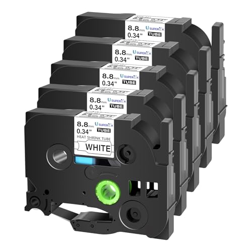 SuperInk USUPERINK 5 PK Compatible for Brother Ptouch HSe-221 HSe221 HS-221 HS221 8.8mm Black on White Heat Shrink Tube Label Tape use in PT-D210 PT-D400 PT-E300 PT-E500 PT-P750WVP Label Maker (0.34''x 4.92ft) - Image 1