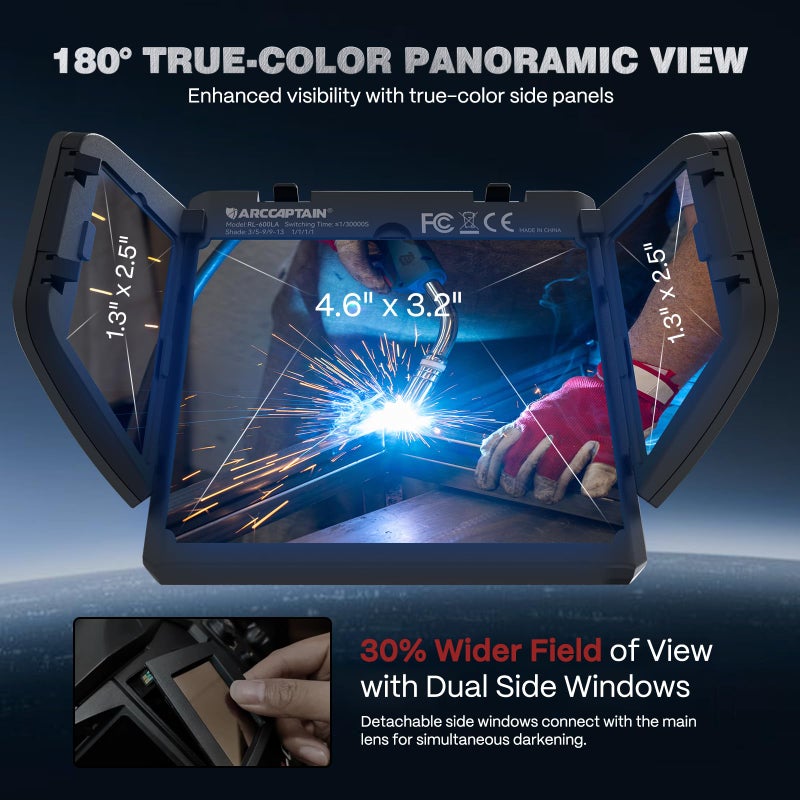 ARCCAPTAIN Intelligent Auto-Shade Welding Helmet, 180Â° Panoramic Auto-Darkening Hood with Internal Display, True Color 1/1/1/1, Memory & Gradient, Built-in LED Light for TIG/MIG/Stick/Cut/Grind - Image 3