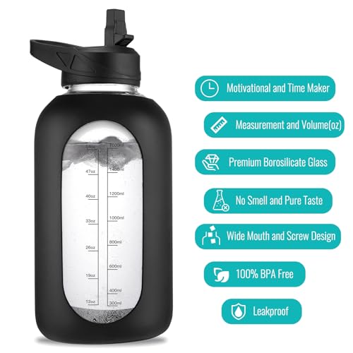 EALGRO 64 oz Glass Water Bottle With Straw and Handle, Half Gallon Sports Motivational Water Jug Flask with Silicone Sleeve, Large Water Cup with Time Marker for Travel, Gym, Army Green - Image 3