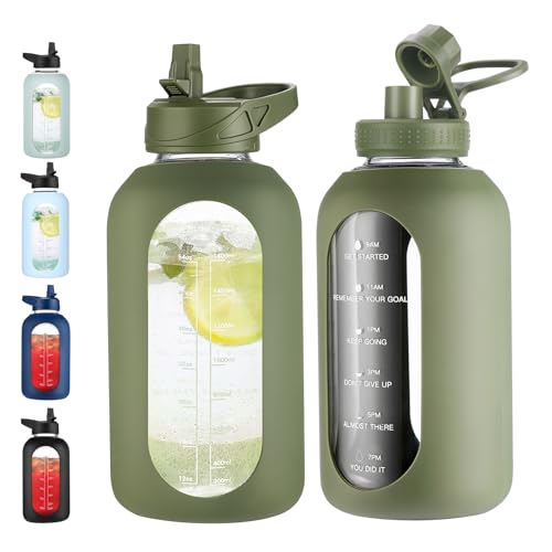 EALGRO 64 oz Glass Water Bottle With Straw and Handle, Half Gallon Sports Motivational Water Jug Flask with Silicone Sleeve, Large Water Cup with Time Marker for Travel, Gym, Army Green - Image 1