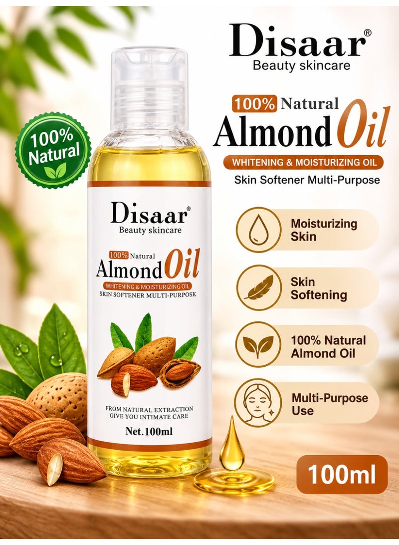 Disaar 100% Natural Almond Oil, 100ml Each, Pack of 2, Moisturizing & Skin Softening Multi-Purpose Oil with Vitamin E - Image 2