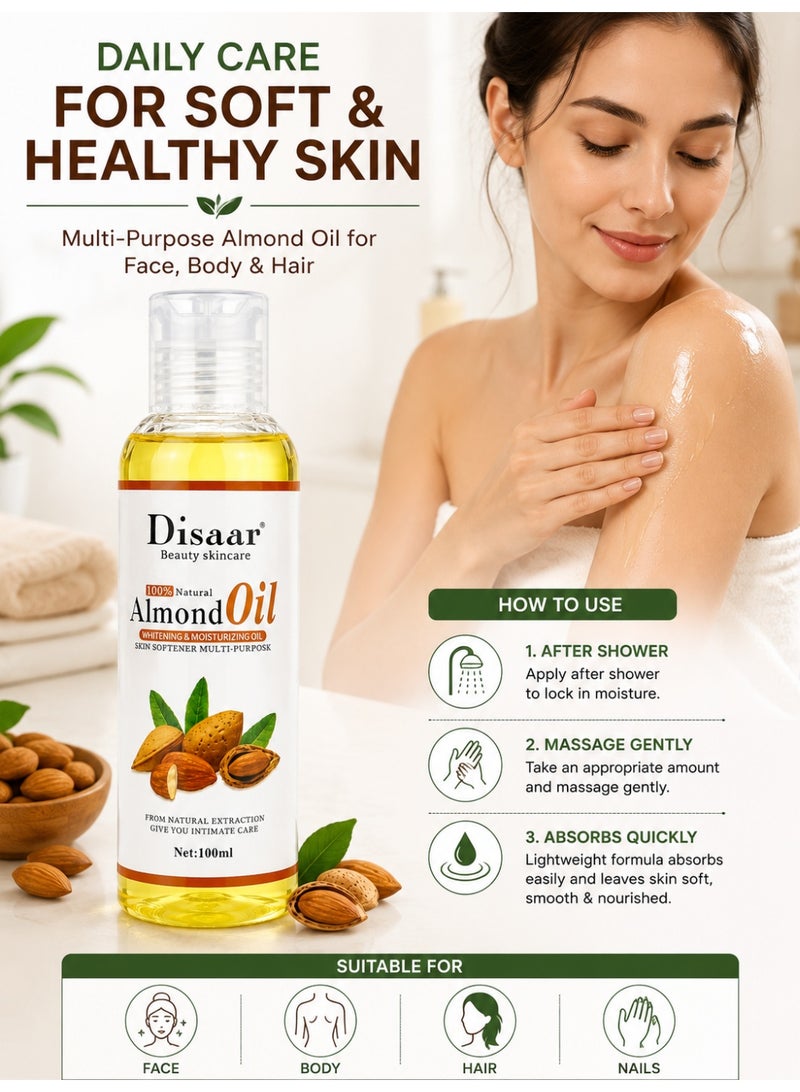 Disaar 100% Natural Almond Oil, 100ml Each, Pack of 2, Moisturizing & Skin Softening Multi-Purpose Oil with Vitamin E - Image 4