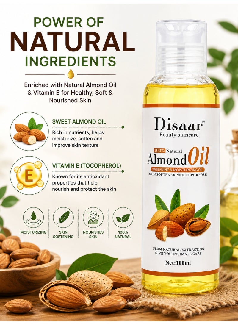 Disaar 100% Natural Almond Oil, 100ml Each, Pack of 2, Moisturizing & Skin Softening Multi-Purpose Oil with Vitamin E - Image 3