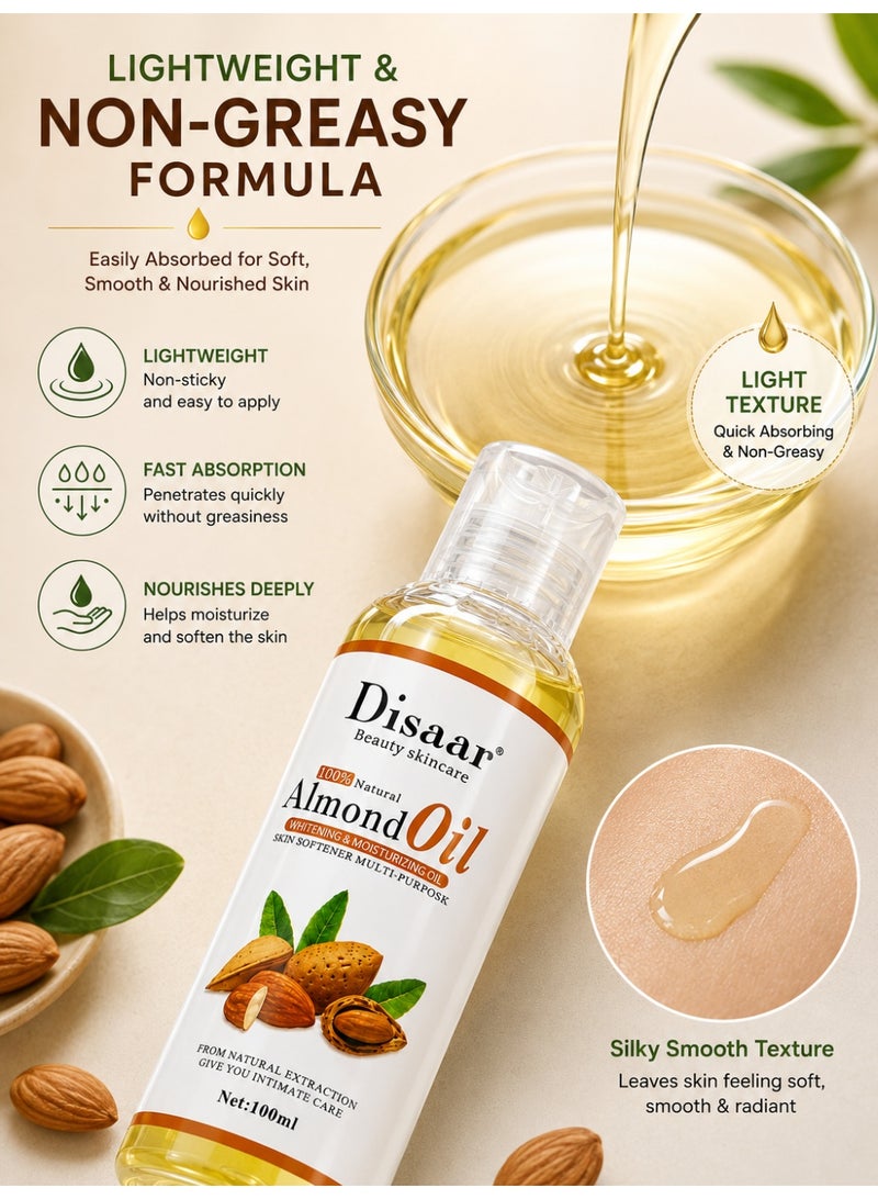 Disaar 100% Natural Almond Oil, 100ml Each, Pack of 2, Moisturizing & Skin Softening Multi-Purpose Oil with Vitamin E - Image 5