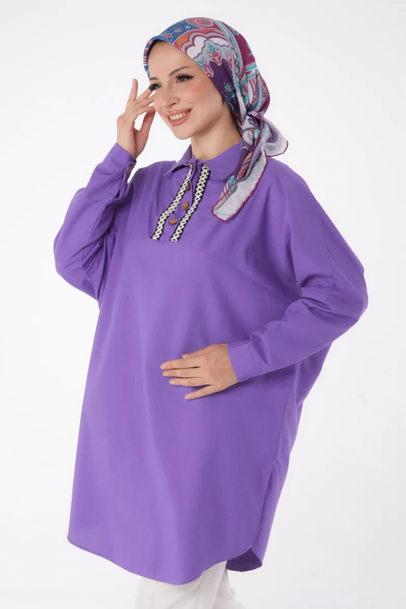 Tofisa Plain Shirt Collar Women's Purple Tunic - 13257