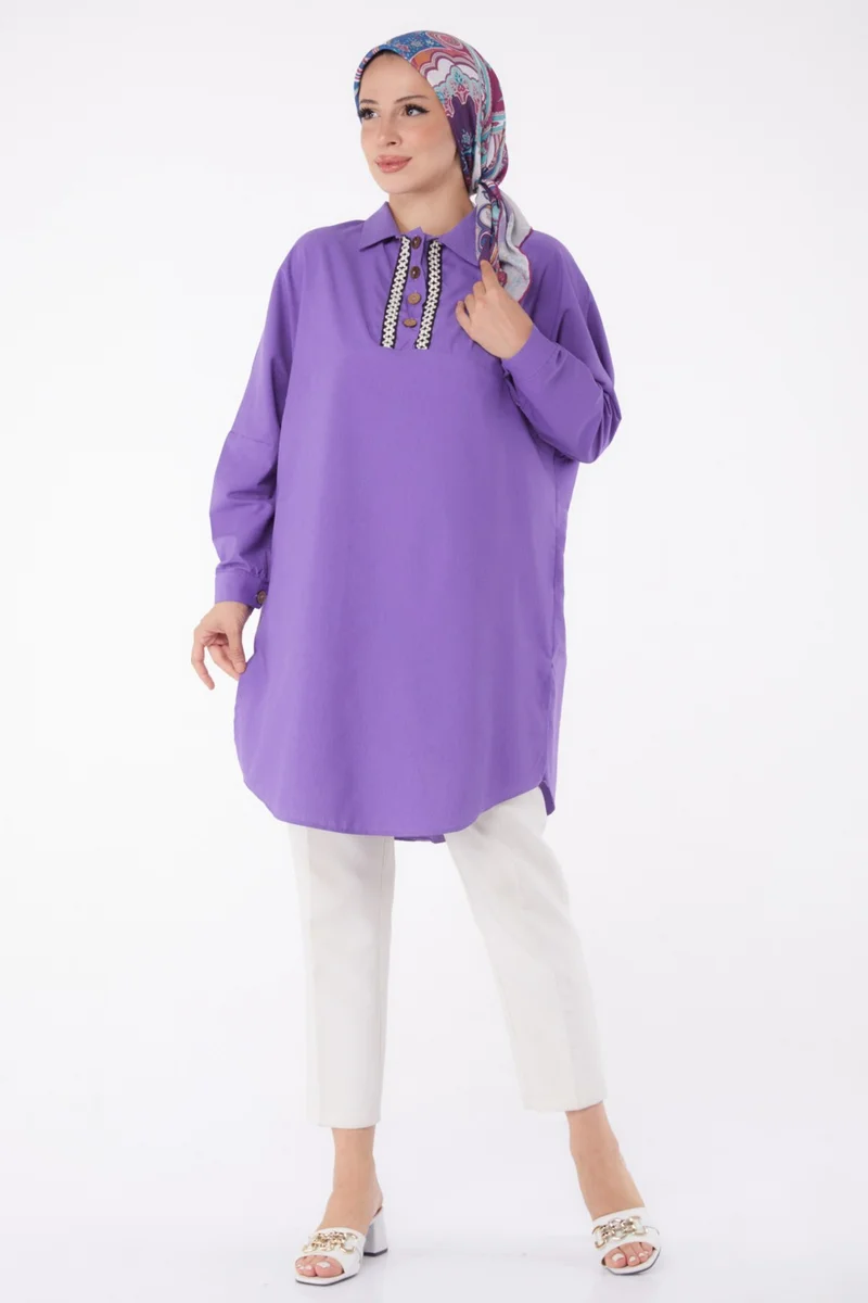 Tofisa Plain Shirt Collar Women's Purple Tunic - 13257